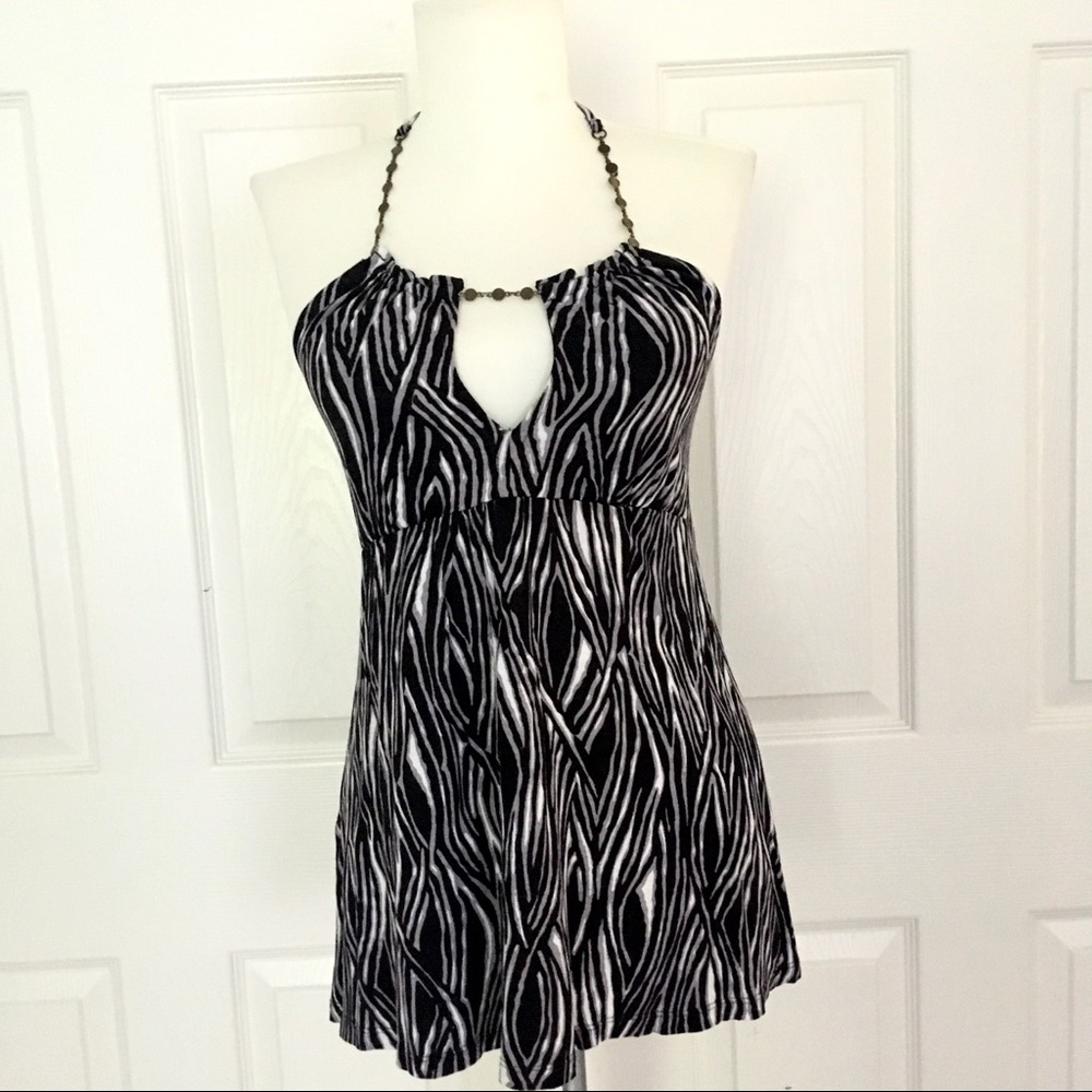 Express Zebra Print Halter Gold Chain Strap Top